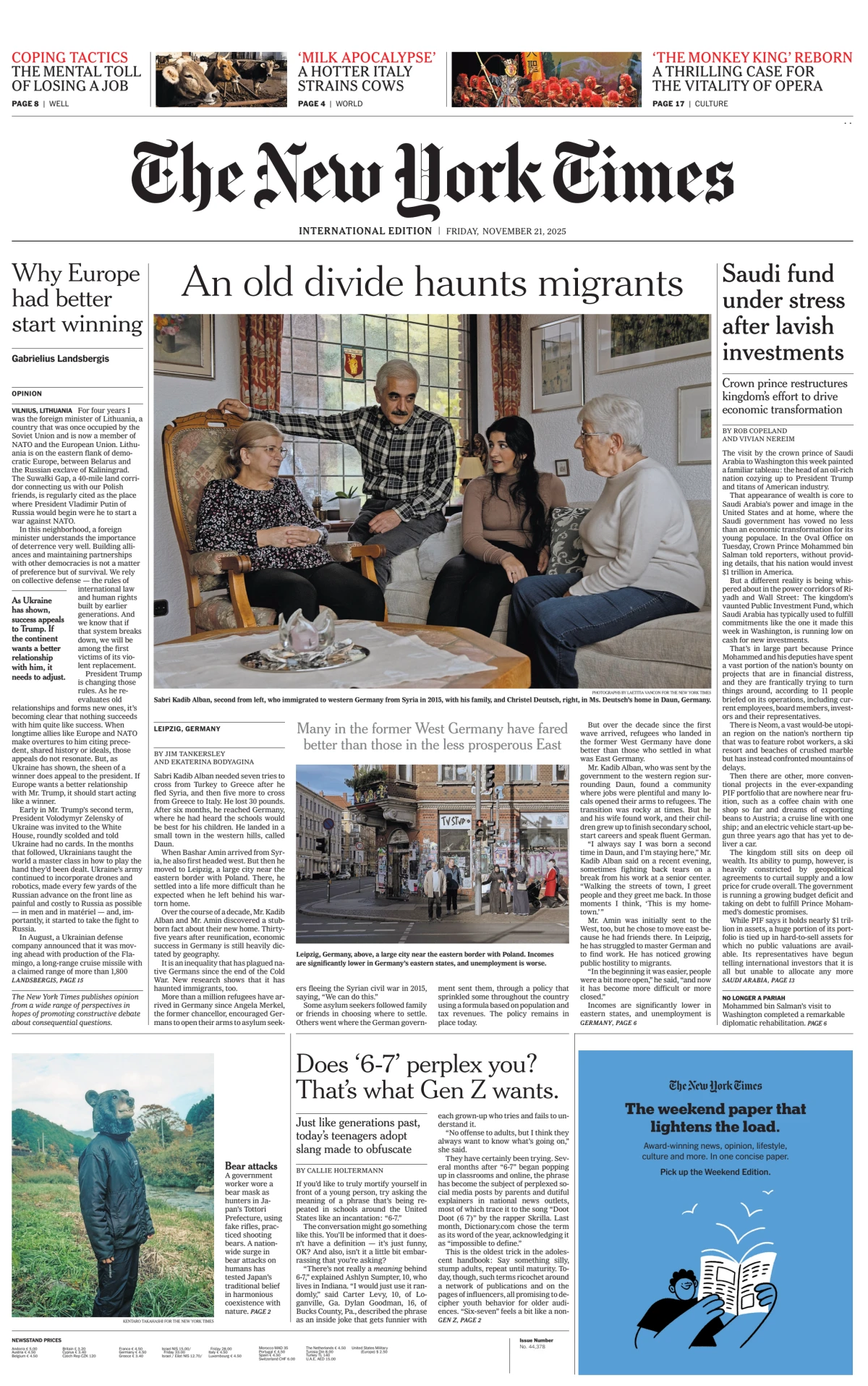 Portada de The New York Times (international) del viernes, 21 de noviembre de 2025