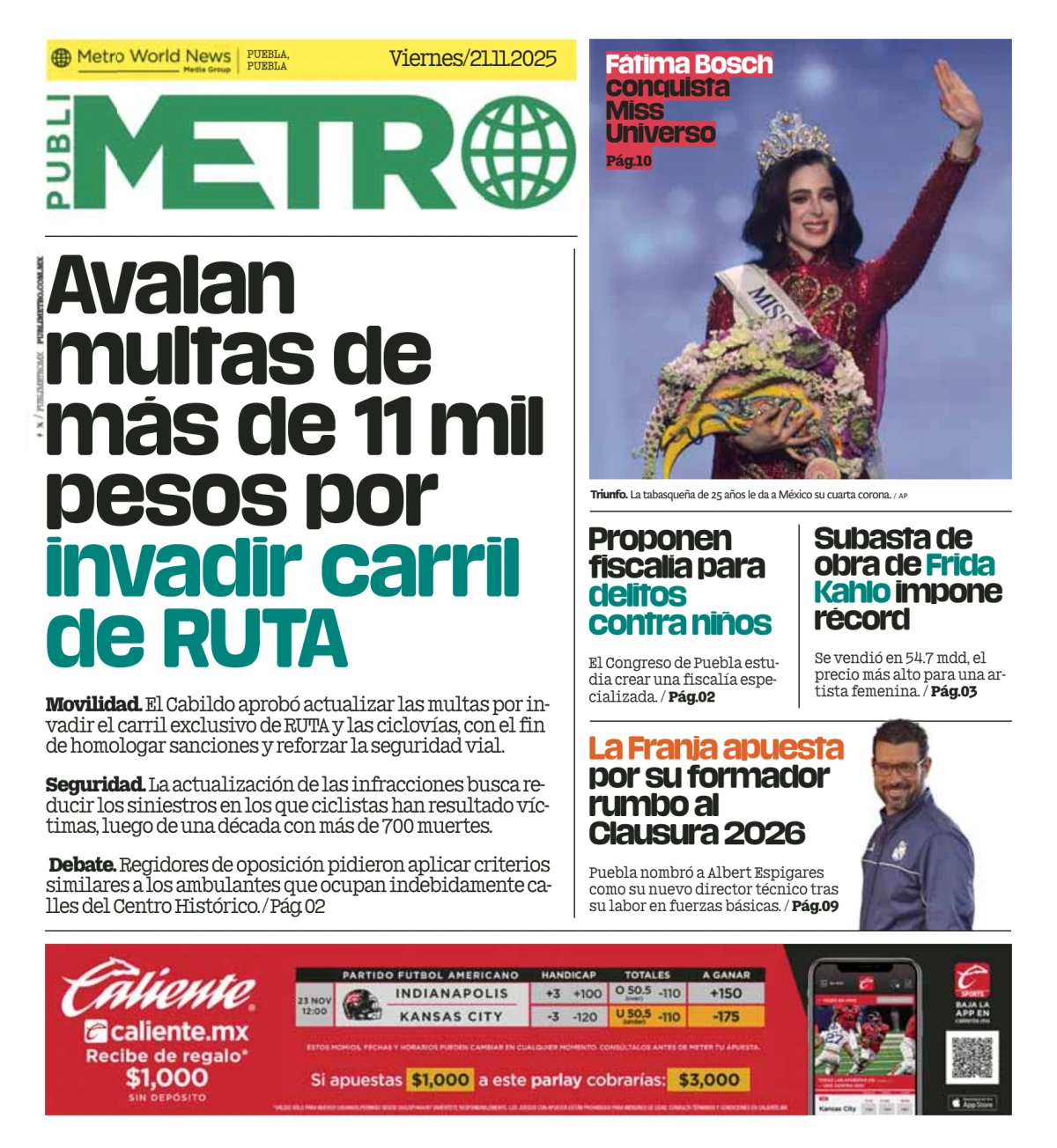 Portada de Publimetro Puebla del viernes, 21 de noviembre de 2025