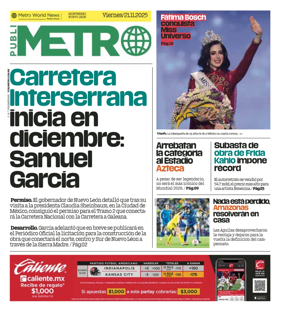 Portada de Publimetro Monterrey del viernes, 21 de noviembre de 2025