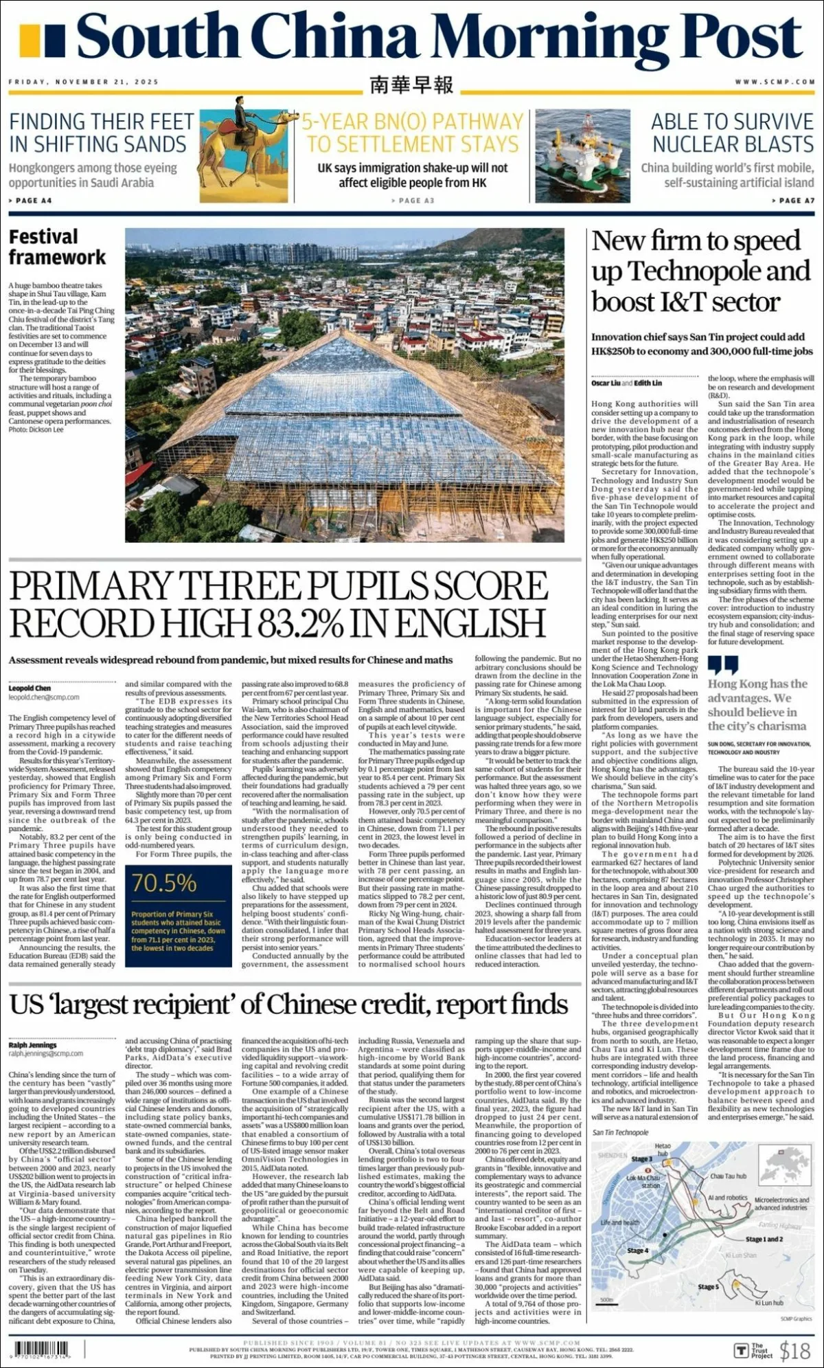 Portada de South China Morning Post del viernes, 21 de noviembre de 2025