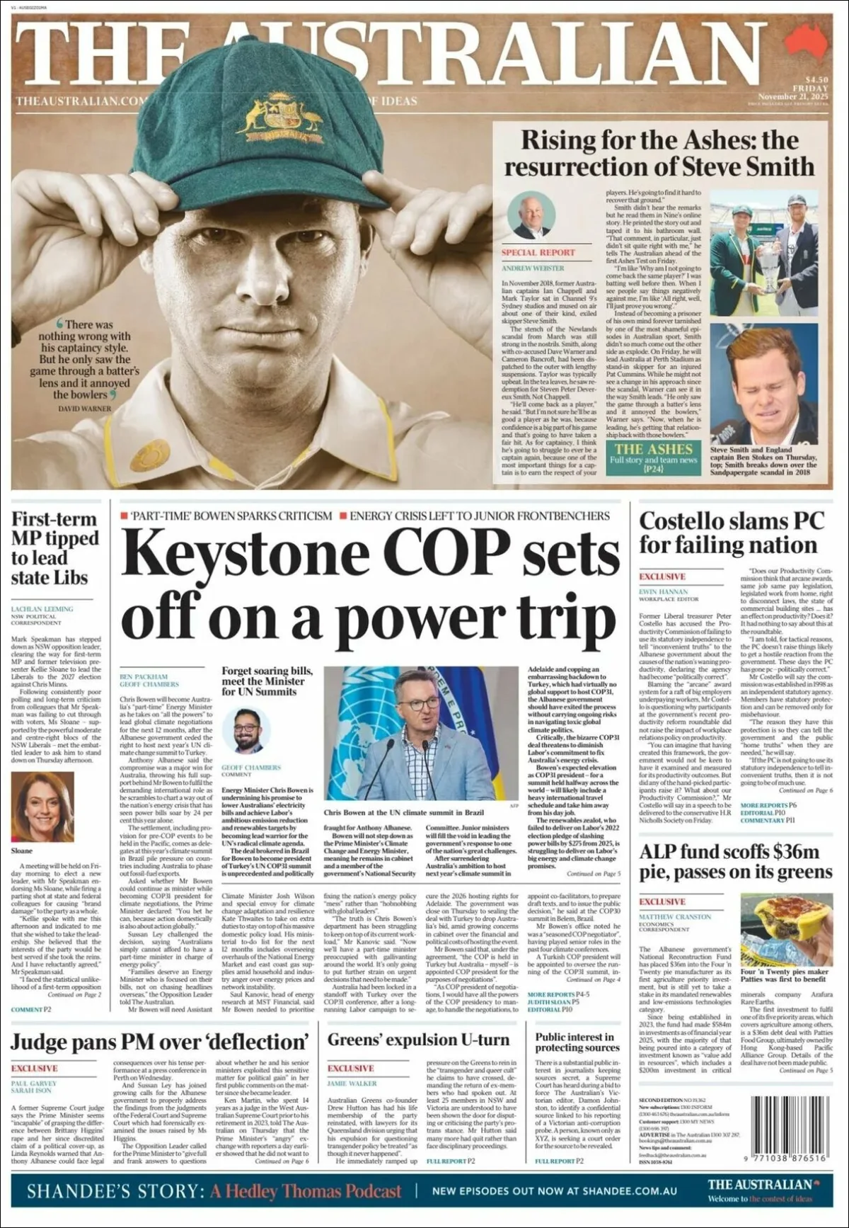 Portada de The Australian del viernes, 21 de noviembre de 2025