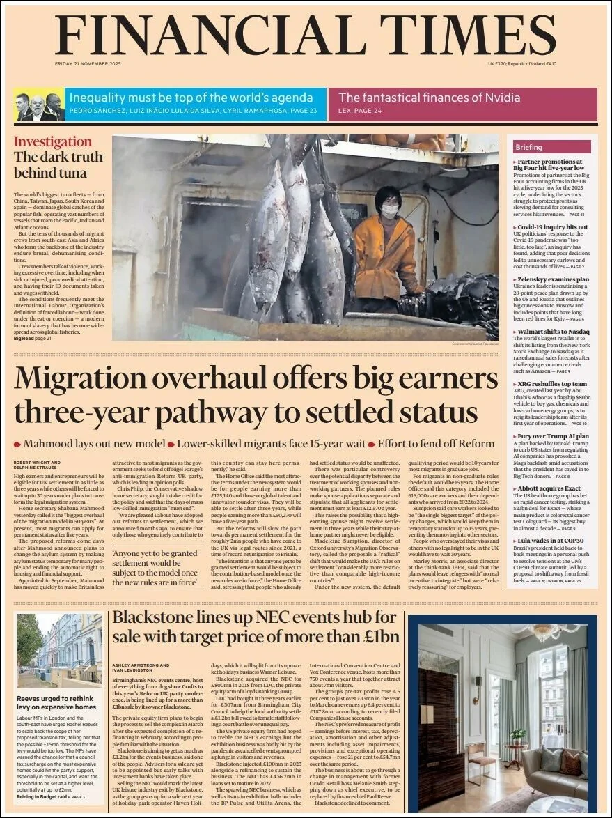Portada de Financial Times del viernes, 21 de noviembre de 2025