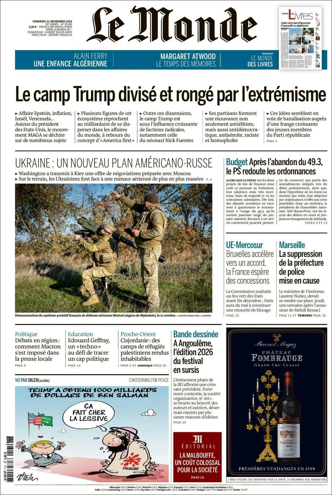 Portada de Le Monde del viernes, 21 de noviembre de 2025
