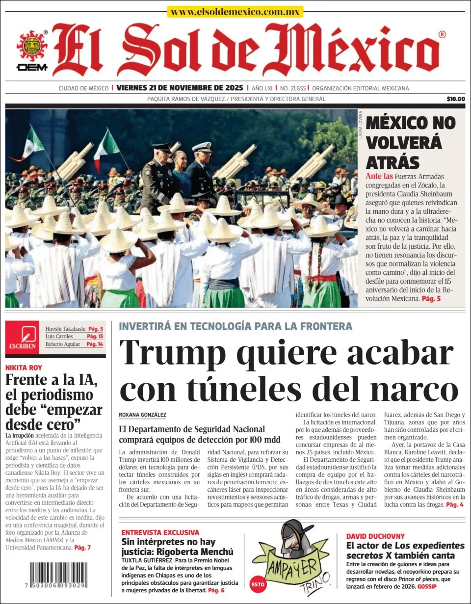 Portada de El Sol de Mexico del viernes, 21 de noviembre de 2025