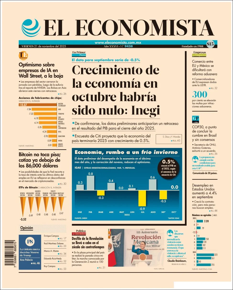 Portada de El Economista del viernes, 21 de noviembre de 2025