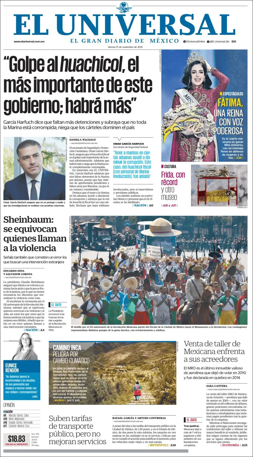 Portada de El Universal del viernes, 21 de noviembre de 2025