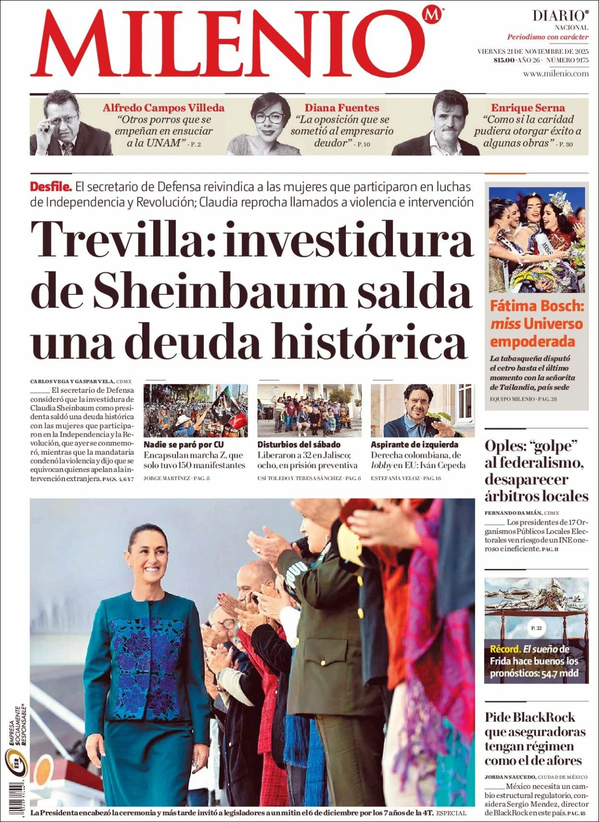 Portada de Milenio del viernes, 21 de noviembre de 2025