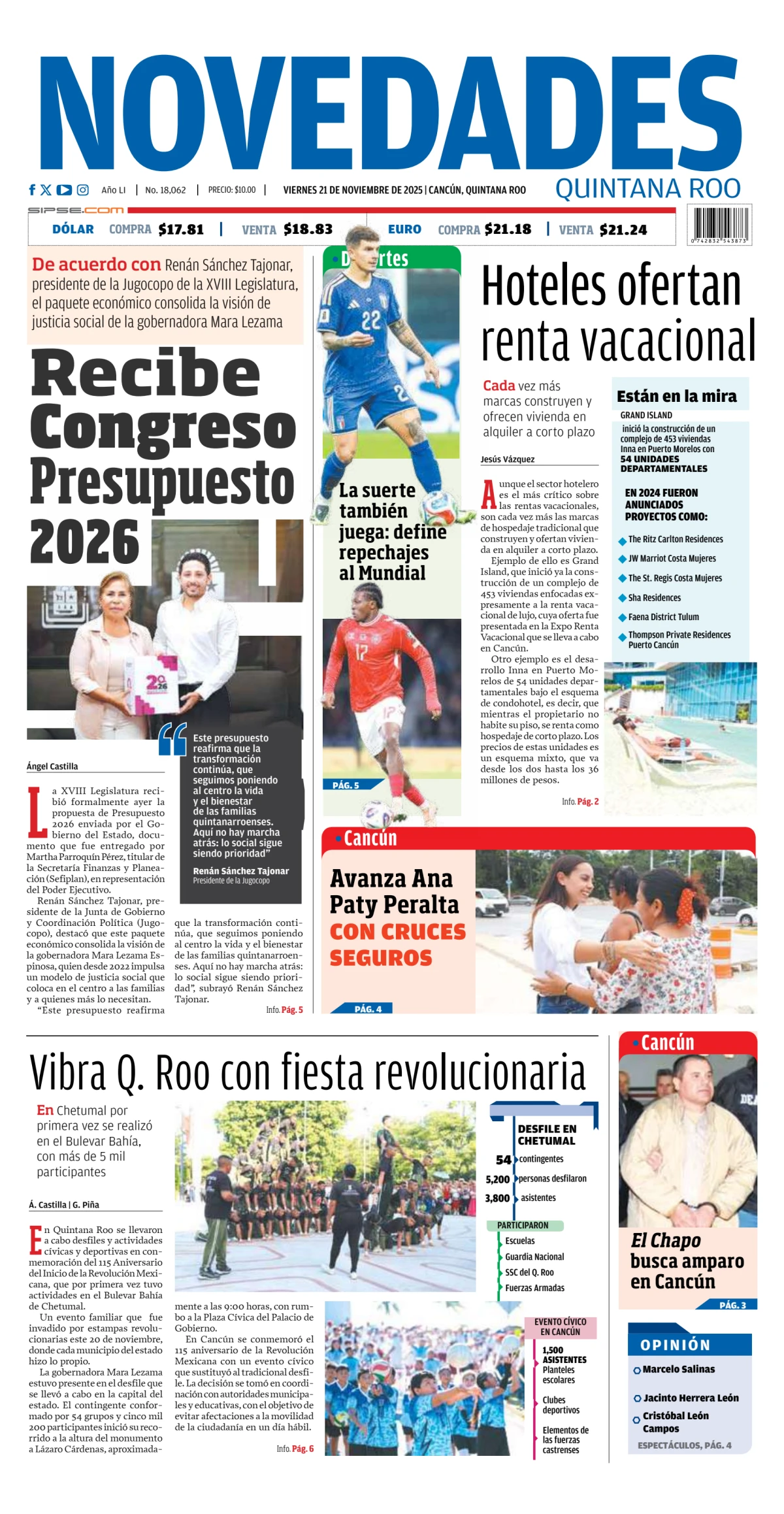 Portada de Novedades Quintana Roo del viernes, 21 de noviembre de 2025