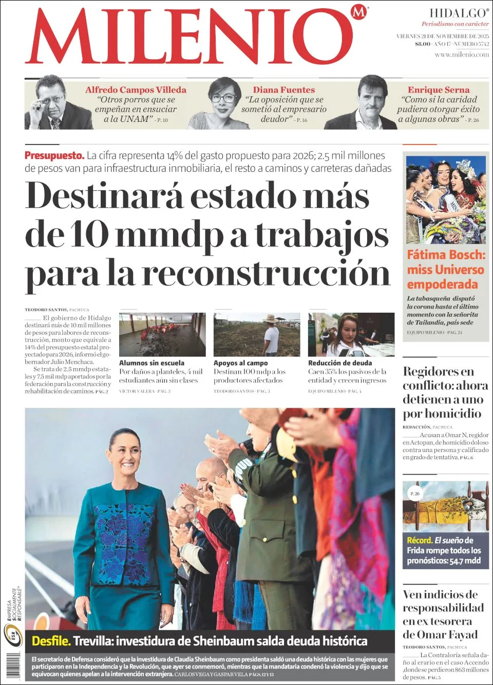 Portada de Milenio Hidalgo del viernes, 21 de noviembre de 2025