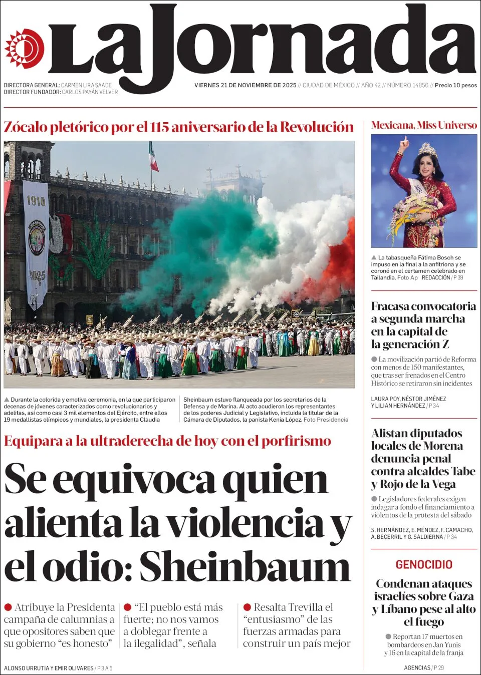 Portada de La Jornada del viernes, 21 de noviembre de 2025