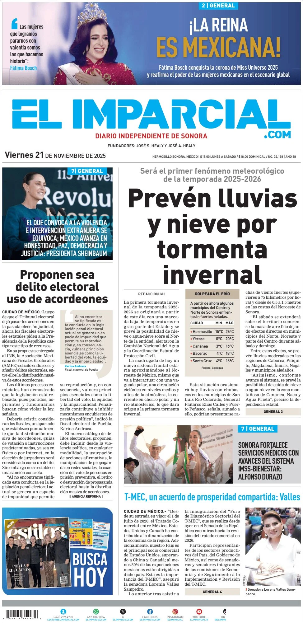 Portada de El Imparcial del viernes, 21 de noviembre de 2025