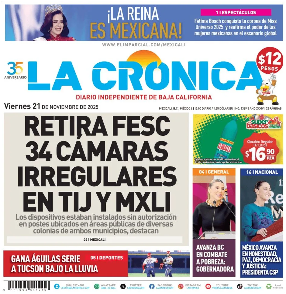 Portada de La Cronica del viernes, 21 de noviembre de 2025