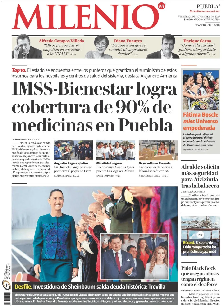 Portada de Milenio Puebla del viernes, 21 de noviembre de 2025