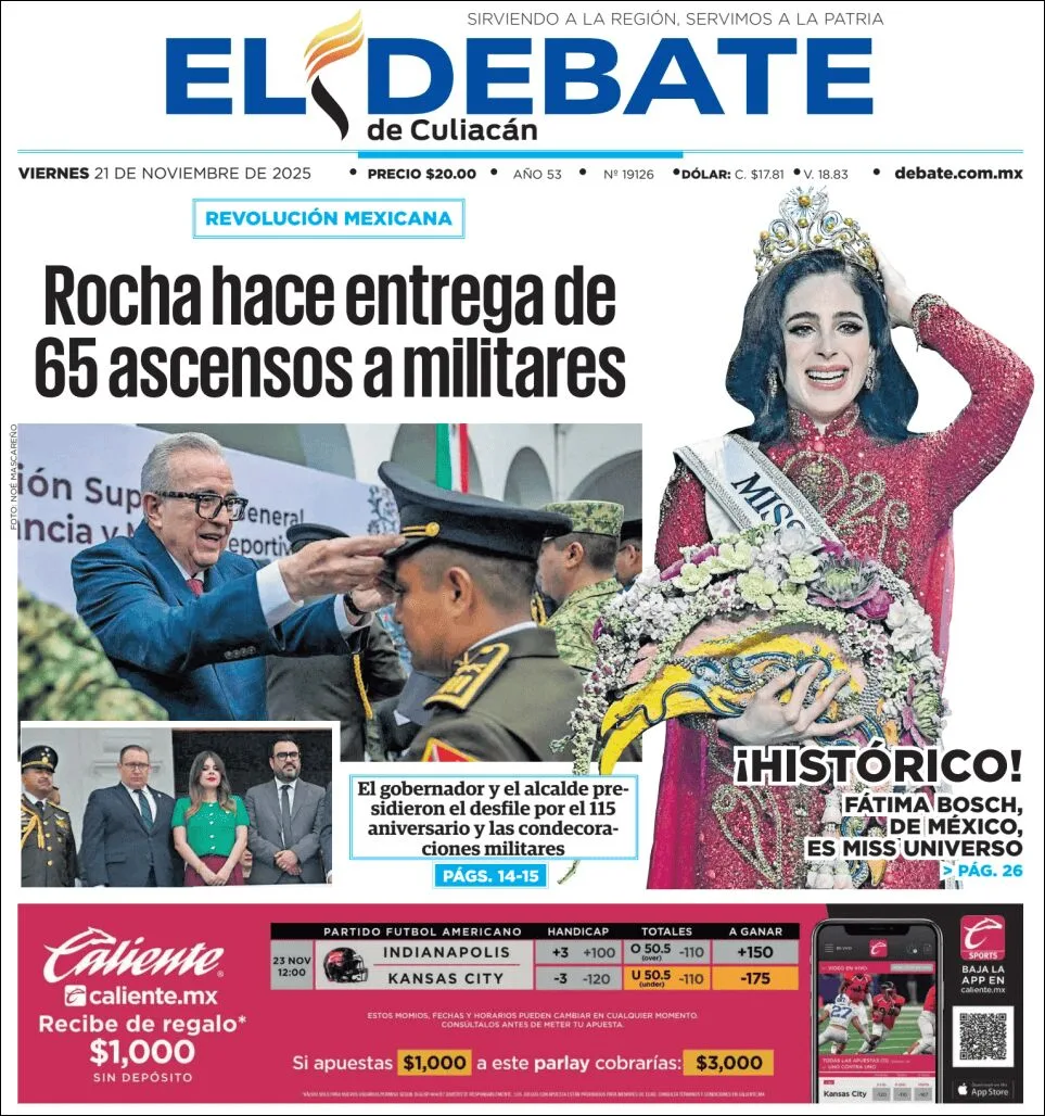 Portada de El Debate de Culiacan del viernes, 21 de noviembre de 2025