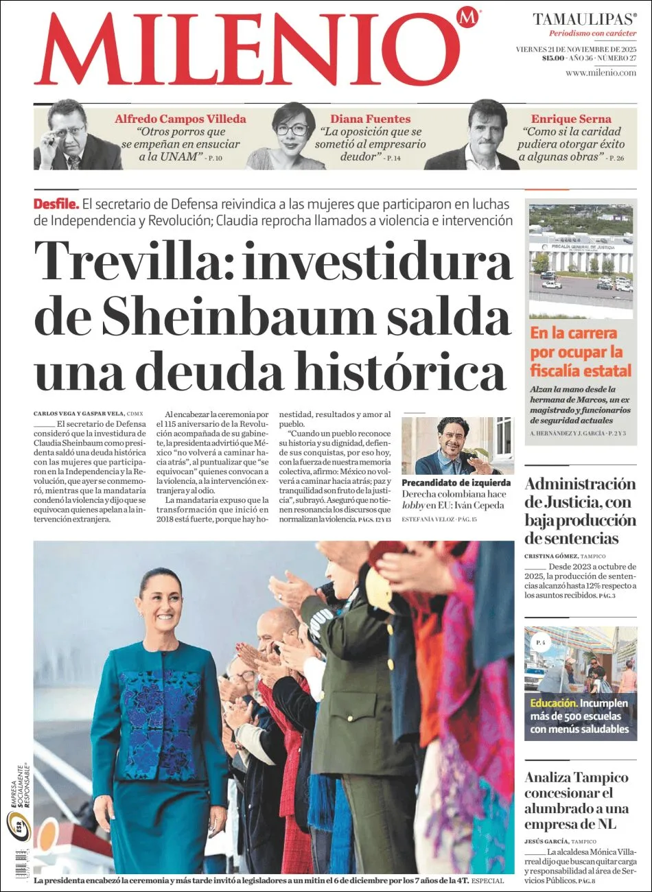 Portada de Milenio Tamaulipas del viernes, 21 de noviembre de 2025