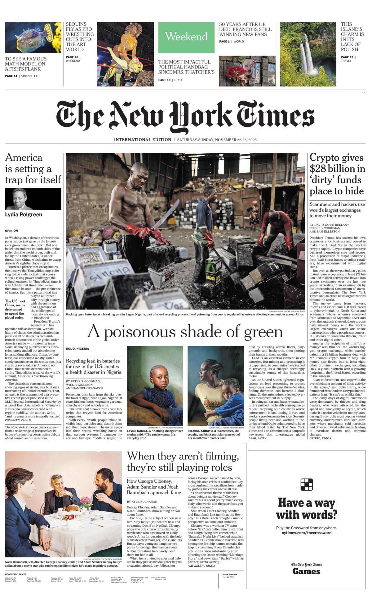 Portada de The New York Times (international) del sábado, 22 de noviembre de 2025