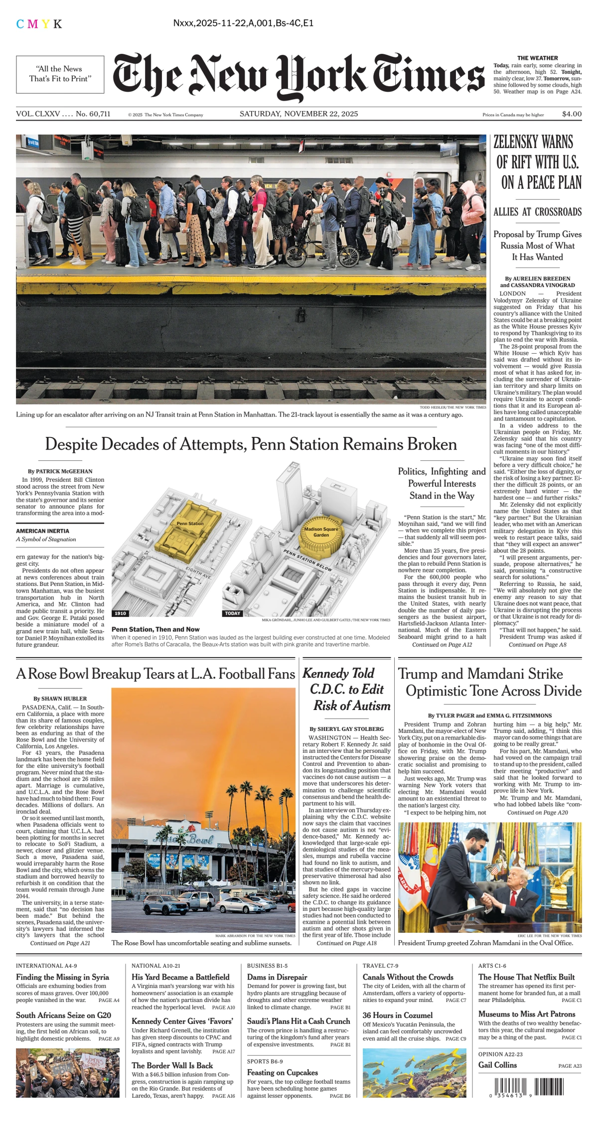 Portada de The New York Times (new York) del sábado, 22 de noviembre de 2025