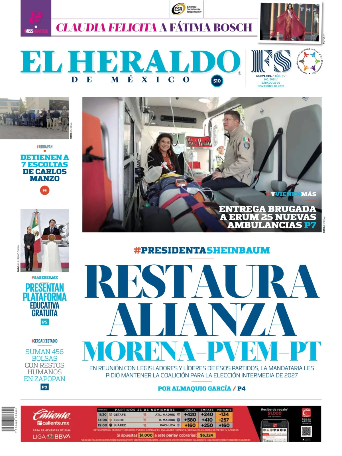 Portada de El Heraldo de Mexico del sábado, 22 de noviembre de 2025