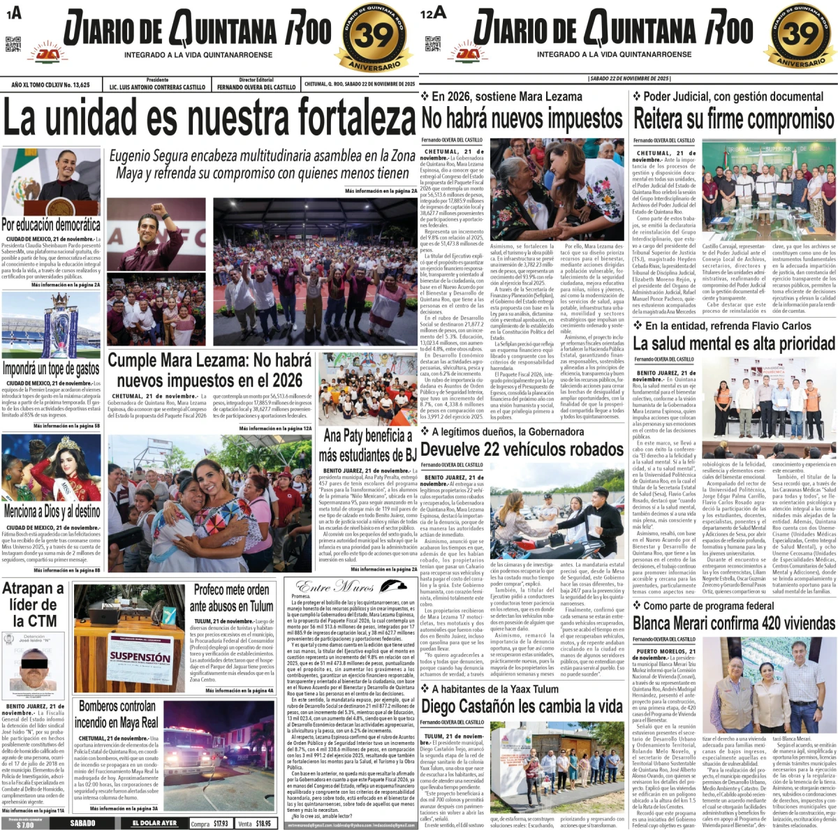Portada de Diario de Quintana Roo (portada) del sábado, 22 de noviembre de 2025