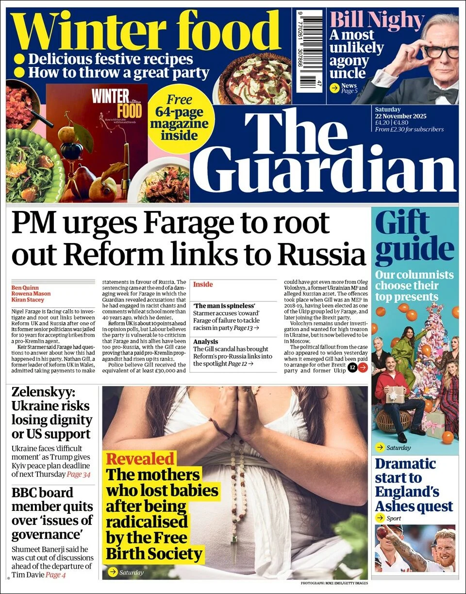 Portada de The Guardian (reino Unido) del sábado, 22 de noviembre de 2025