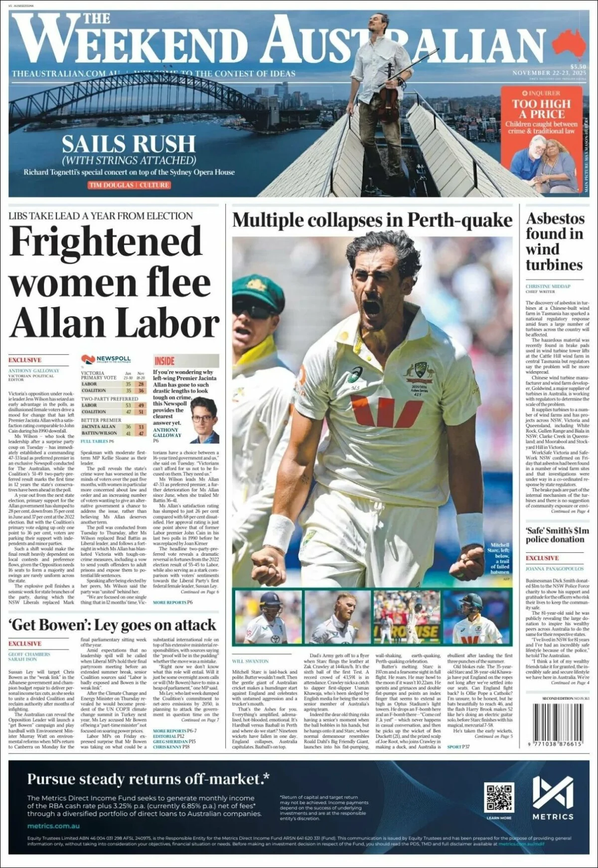 Portada de The Australian del sábado, 22 de noviembre de 2025