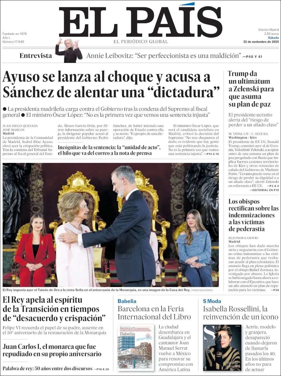 Portada de El Pais del sábado, 22 de noviembre de 2025