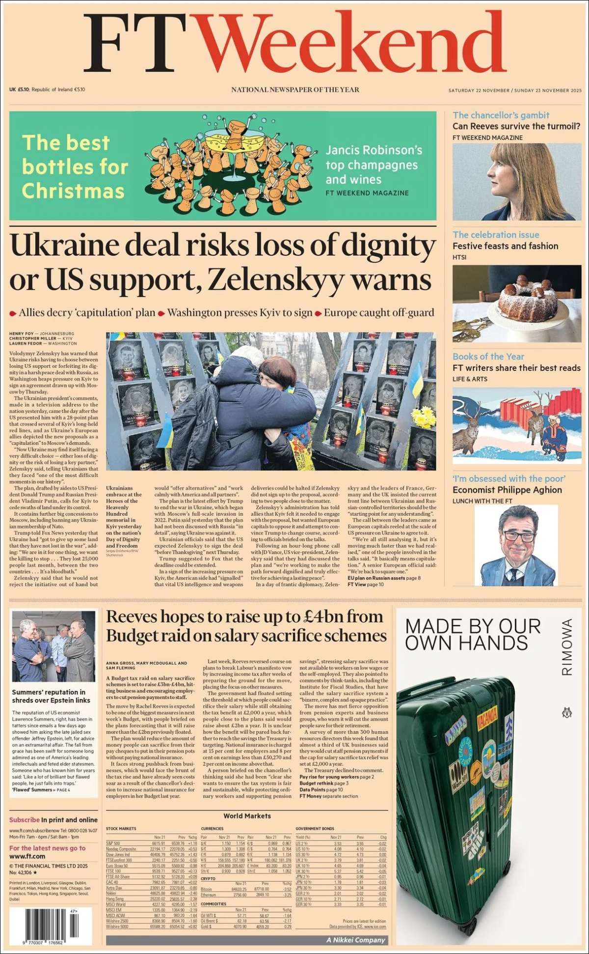 Portada de Financial Times del sábado, 22 de noviembre de 2025