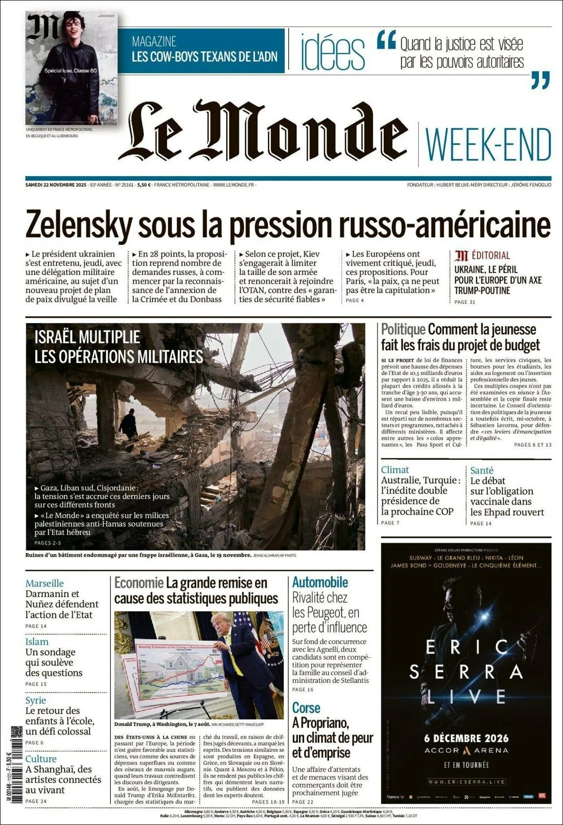 Portada de Le Monde del sábado, 22 de noviembre de 2025