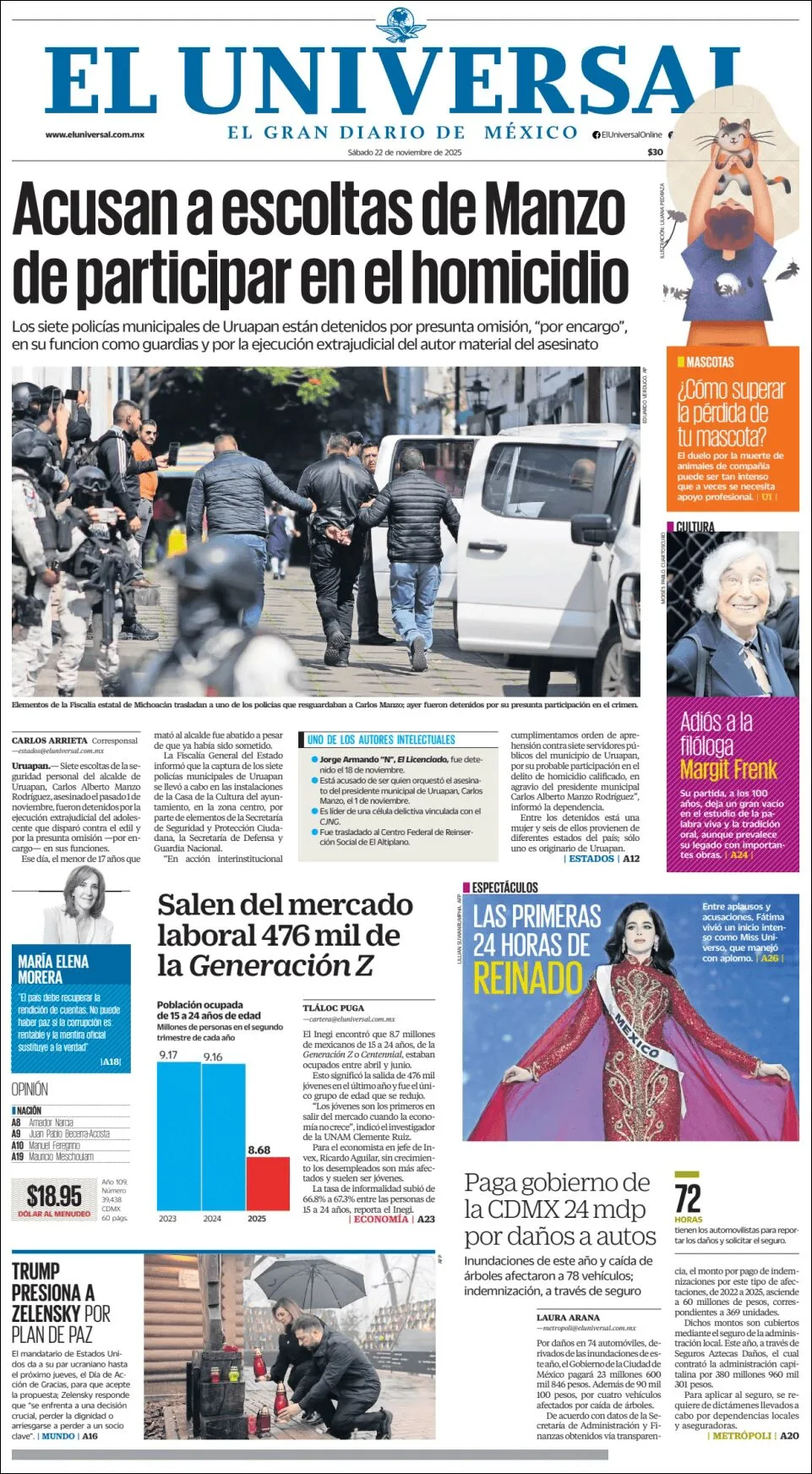 Portada de El Universal del sábado, 22 de noviembre de 2025