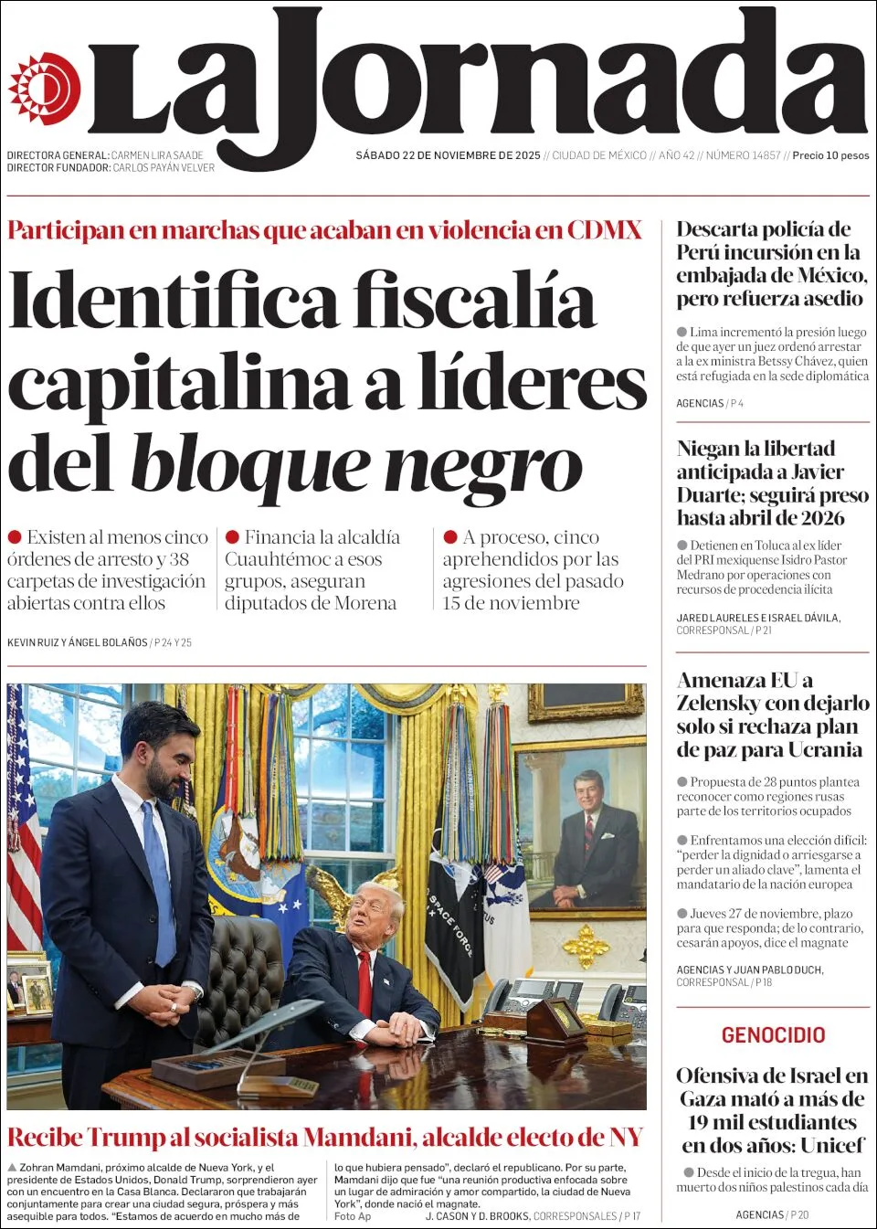 Portada de La Jornada del sábado, 22 de noviembre de 2025