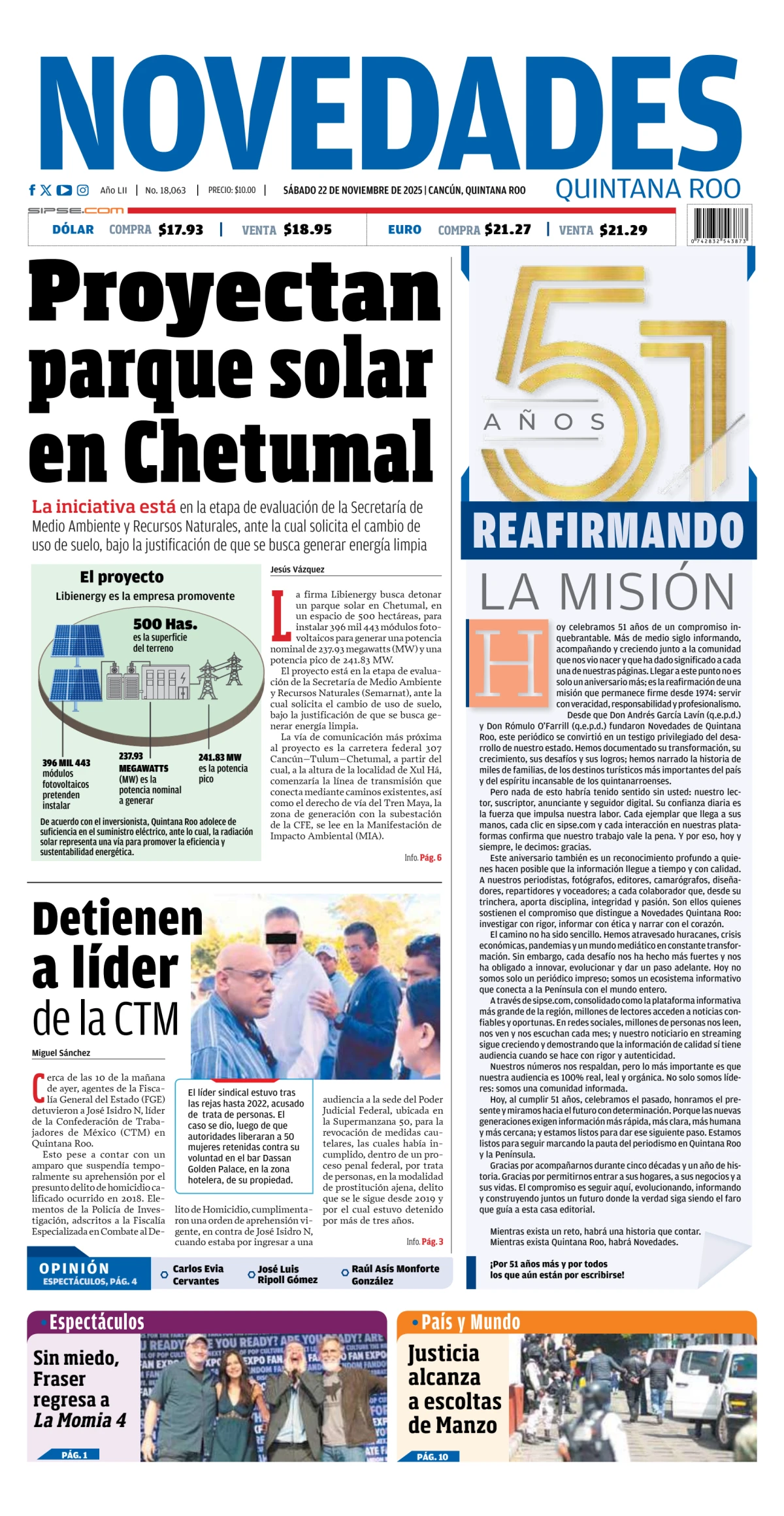 Portada de Novedades Quintana Roo del sábado, 22 de noviembre de 2025