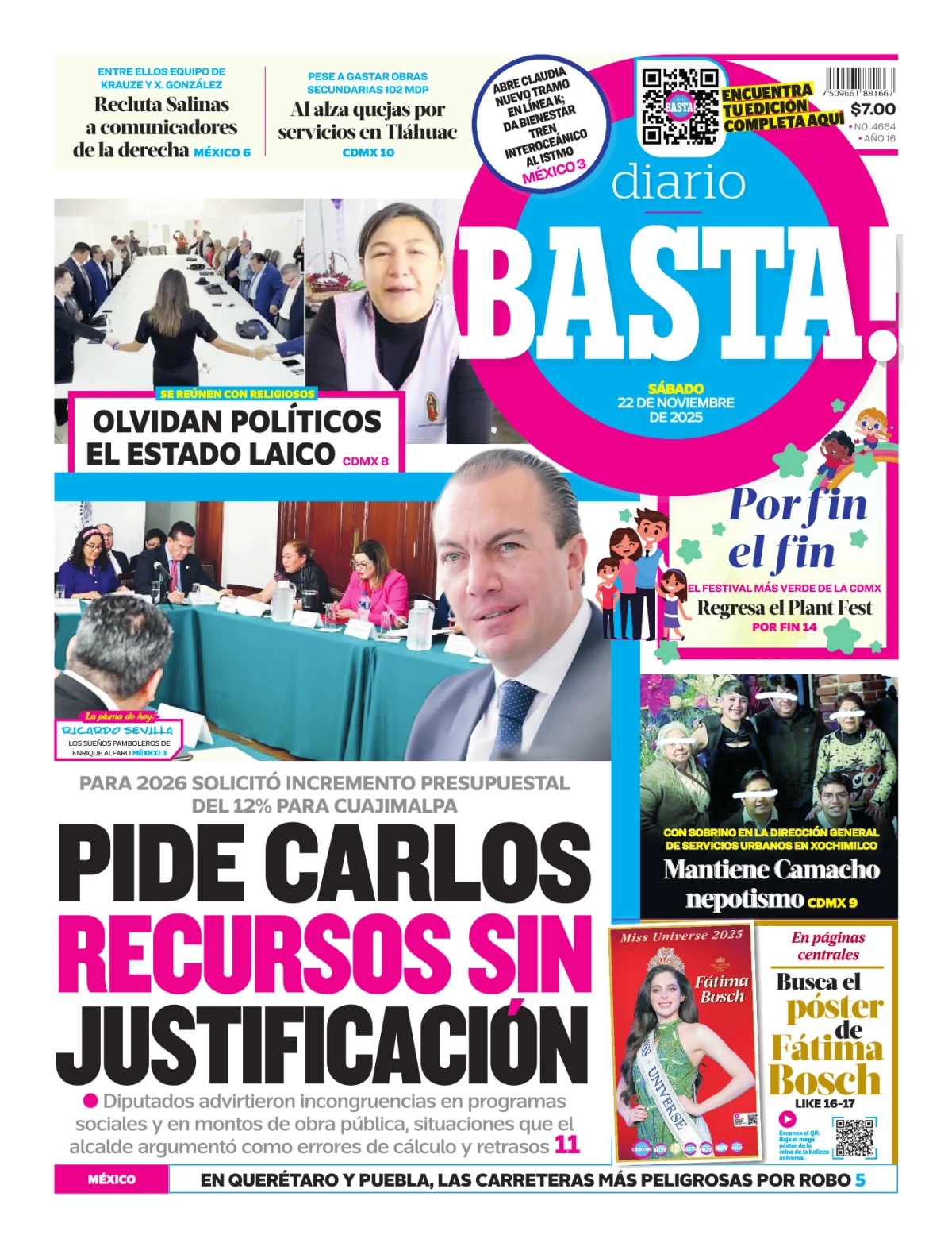 Portada de Basta! (portada) del sábado, 22 de noviembre de 2025