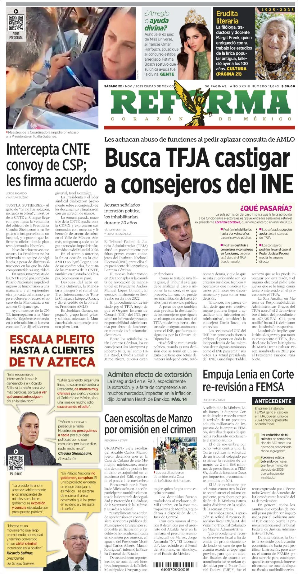 Portada de Reforma del sábado, 22 de noviembre de 2025