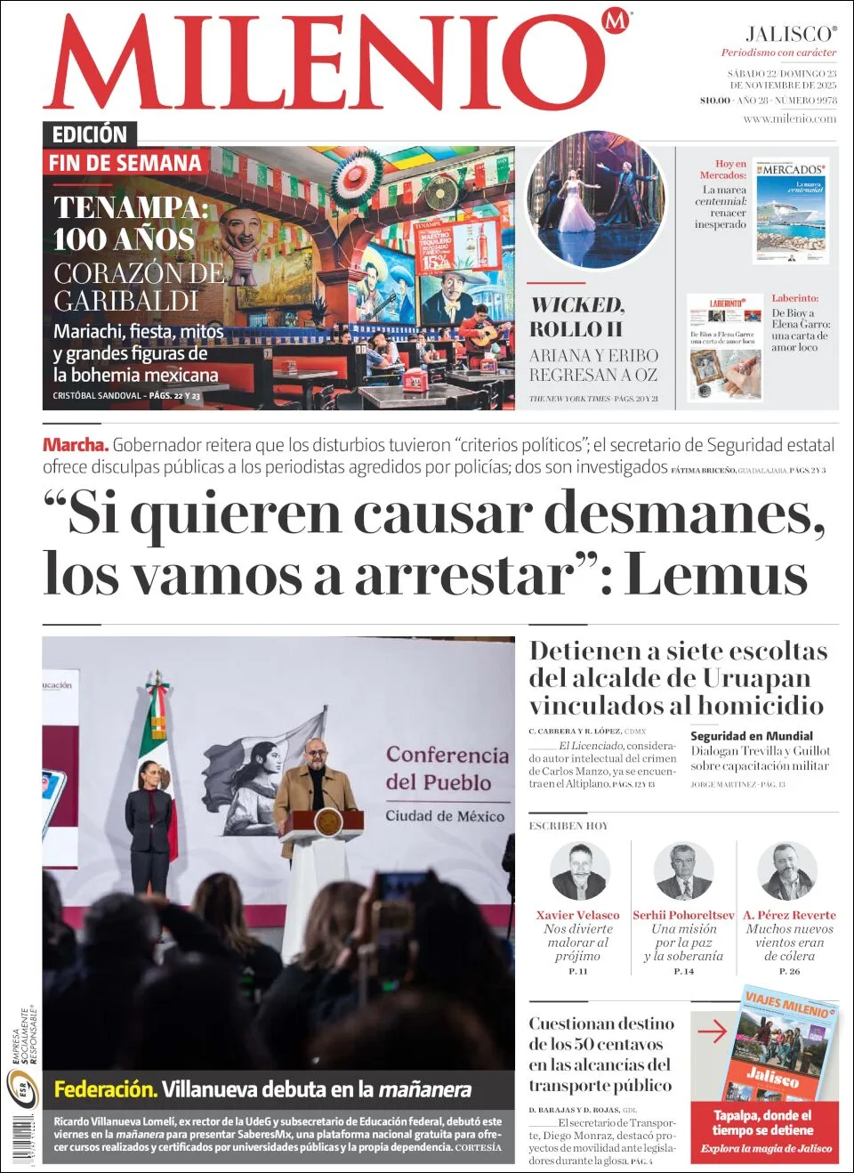 Portada de Milenio Jalisco del sábado, 22 de noviembre de 2025