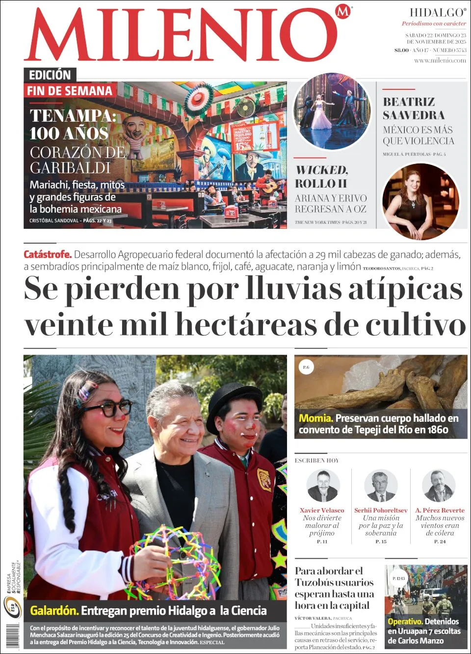 Portada de Milenio Hidalgo del sábado, 22 de noviembre de 2025