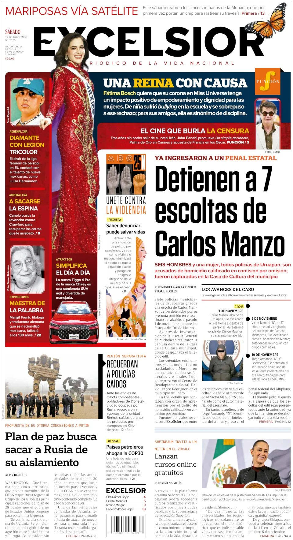 Portada de Excelsior del sábado, 22 de noviembre de 2025