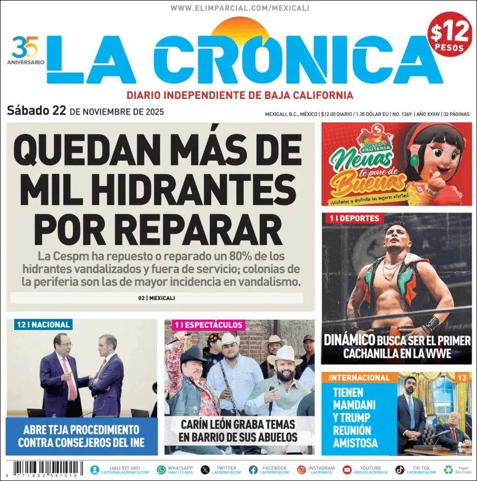 Portada de La Cronica del sábado, 22 de noviembre de 2025
