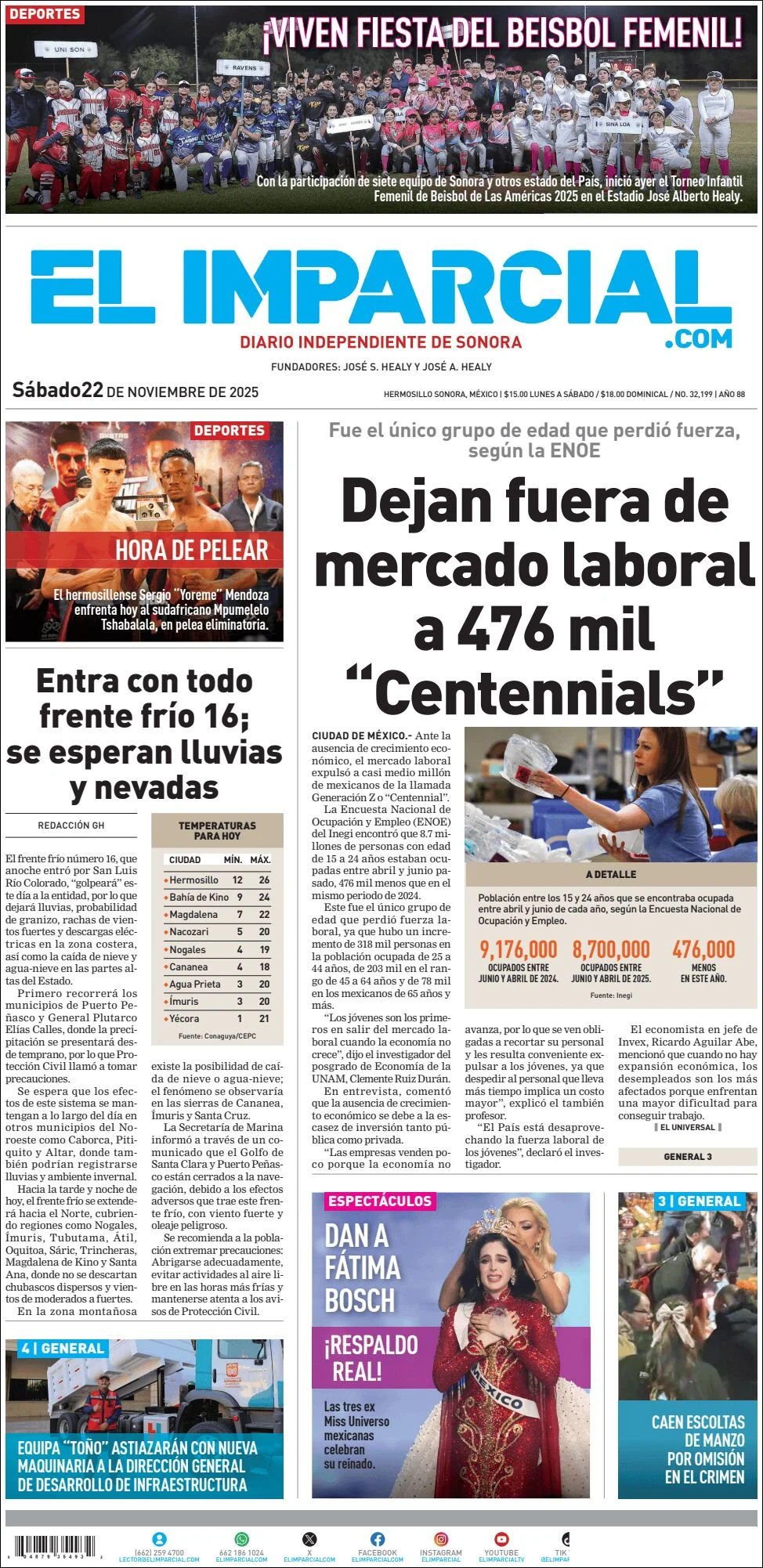Portada de El Imparcial del sábado, 22 de noviembre de 2025
