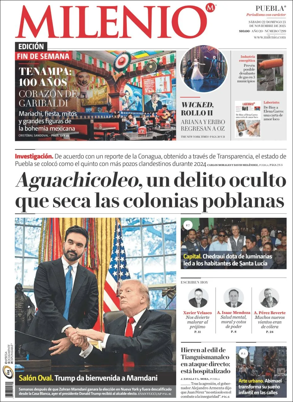 Portada de Milenio Puebla del sábado, 22 de noviembre de 2025