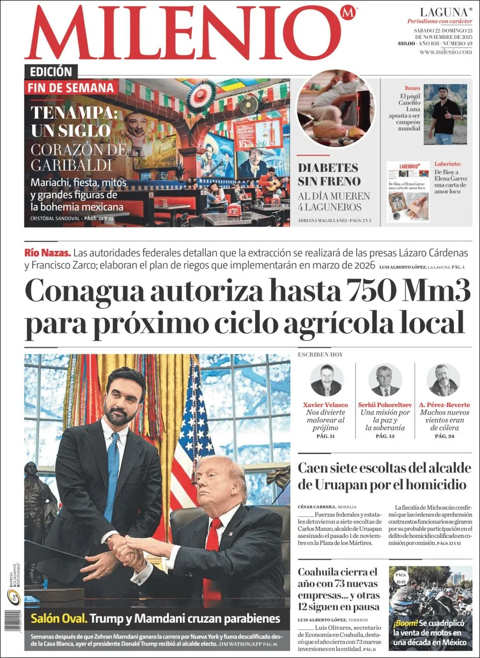 Portada de Milenio Laguna del sábado, 22 de noviembre de 2025