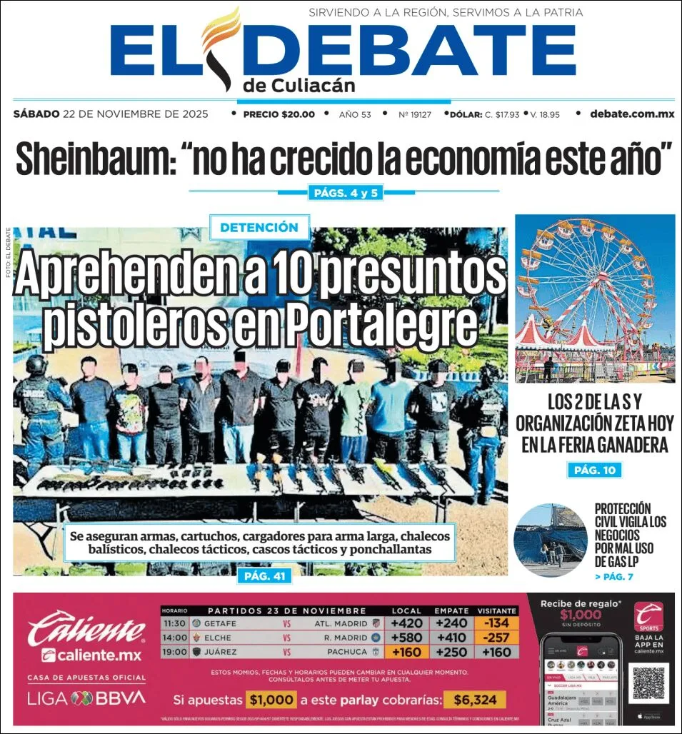Portada de El Debate de Culiacan del sábado, 22 de noviembre de 2025