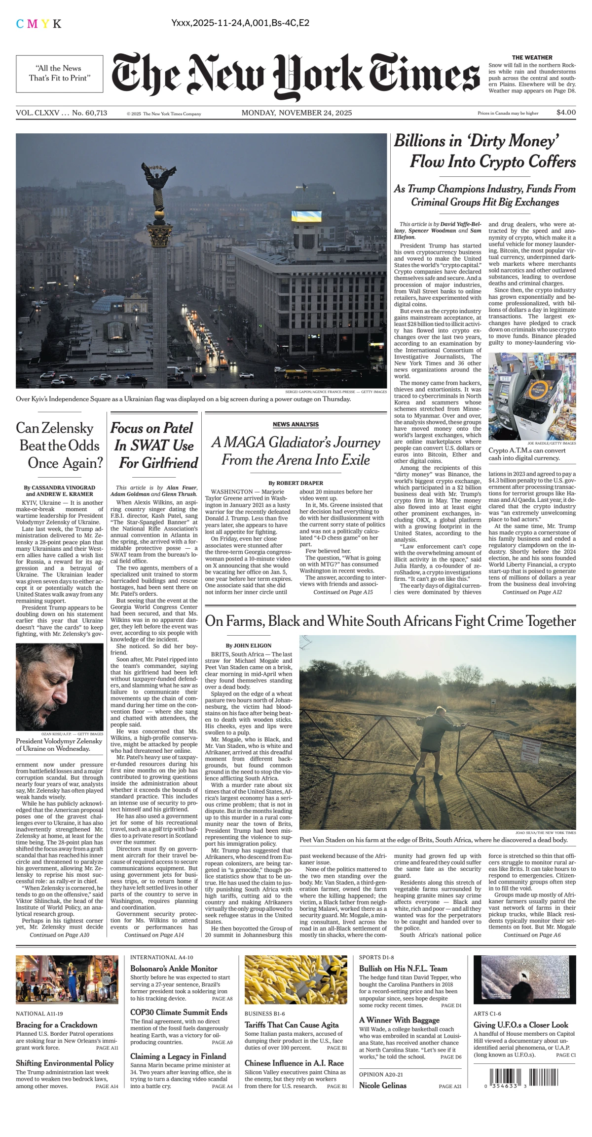 Portada de The New York Times (national) del lunes, 24 de noviembre de 2025