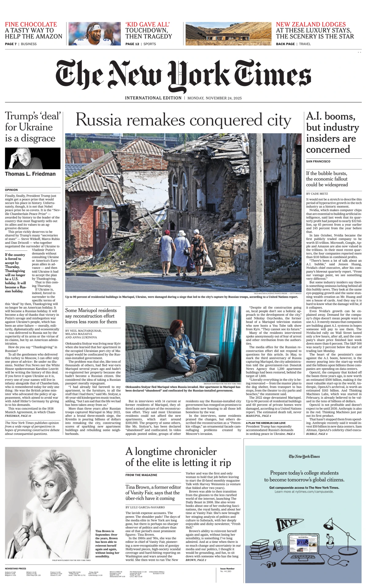 Portada de The New York Times (international) del lunes, 24 de noviembre de 2025