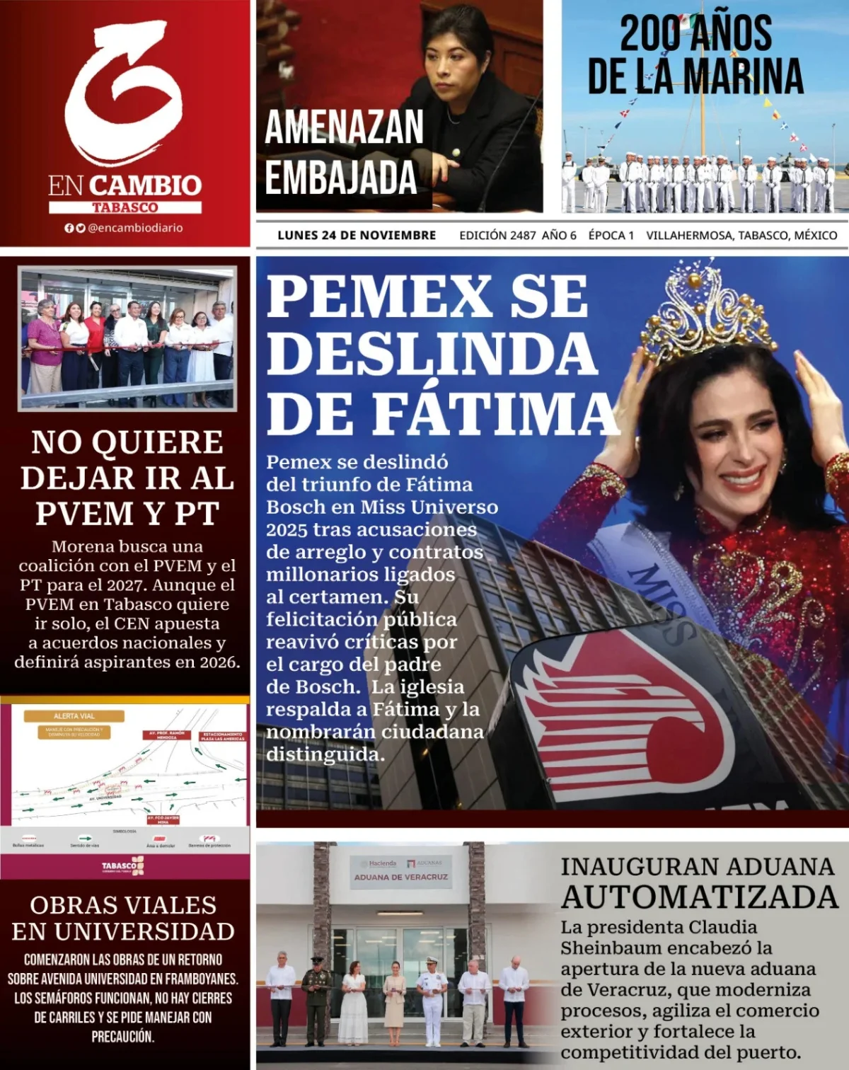 Portada de En Cambio - Tabasco (portada) del lunes, 24 de noviembre de 2025