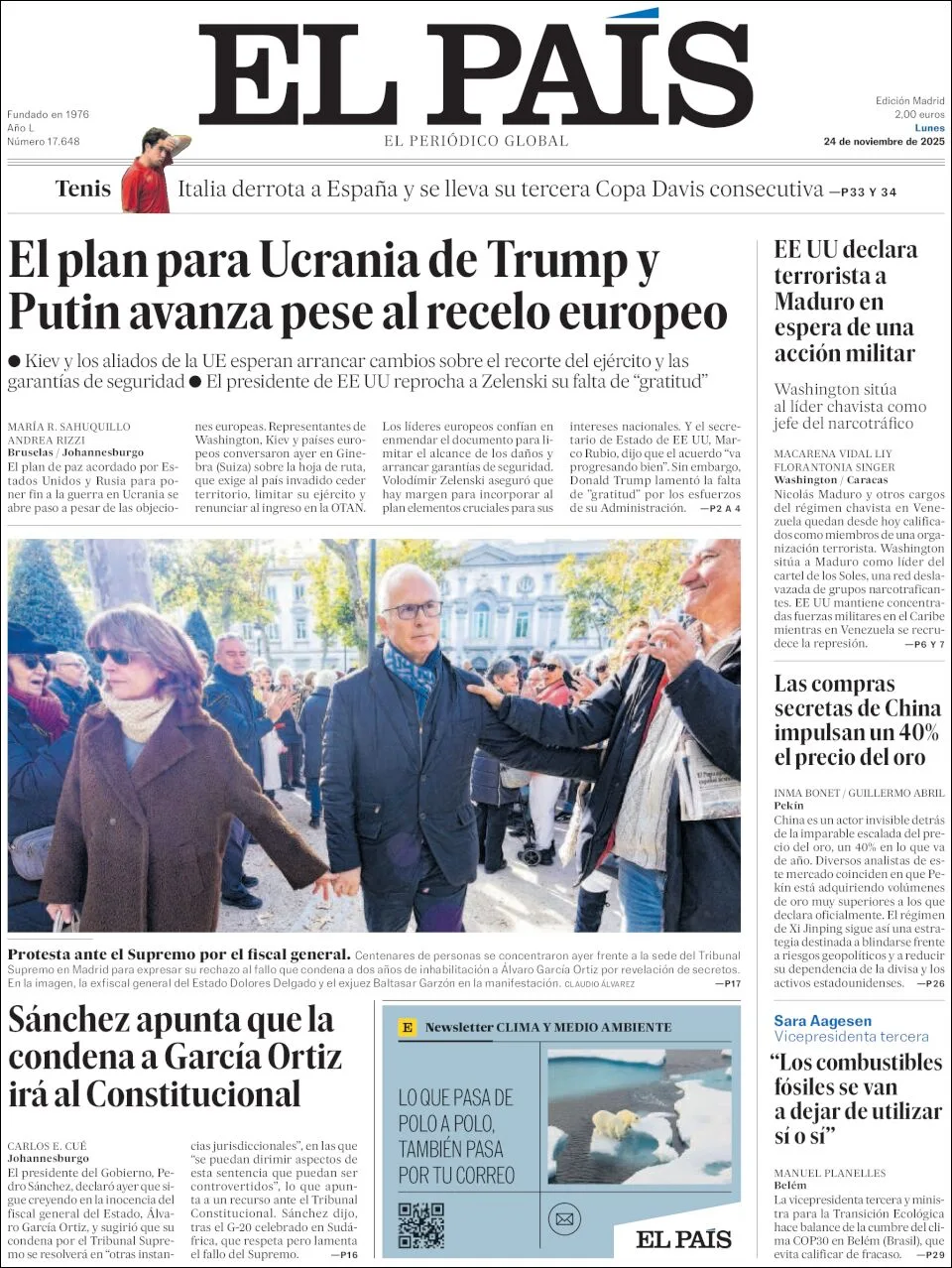 Portada de El Pais del lunes, 24 de noviembre de 2025
