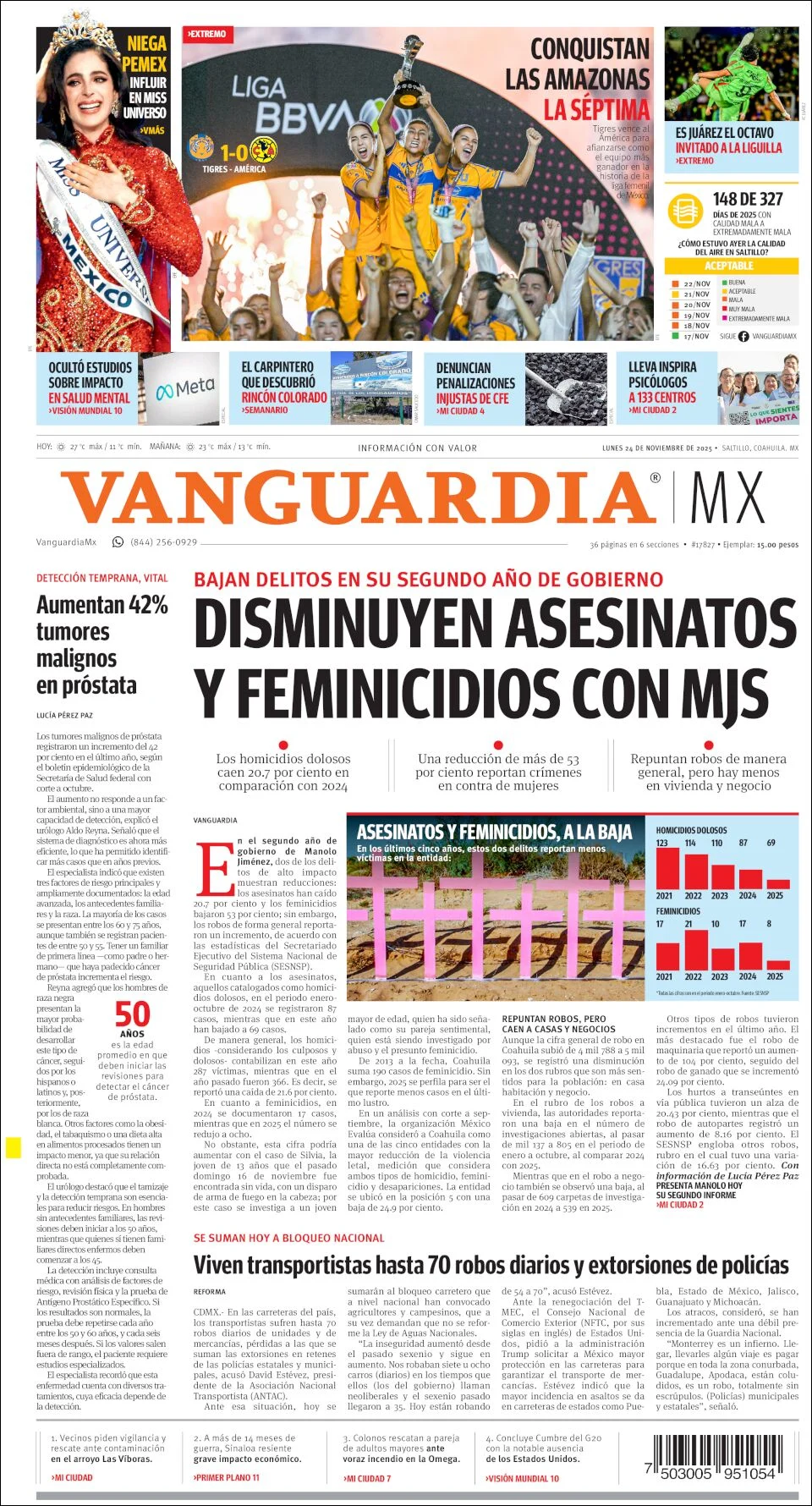Portada de Vanguardia del lunes, 24 de noviembre de 2025