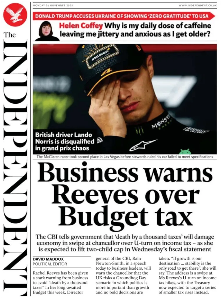 Portada de The Independent del lunes, 24 de noviembre de 2025