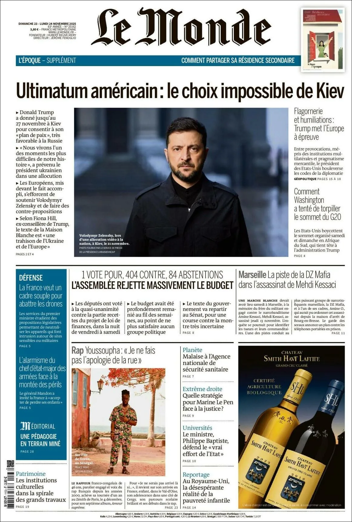 Portada de Le Monde del lunes, 24 de noviembre de 2025