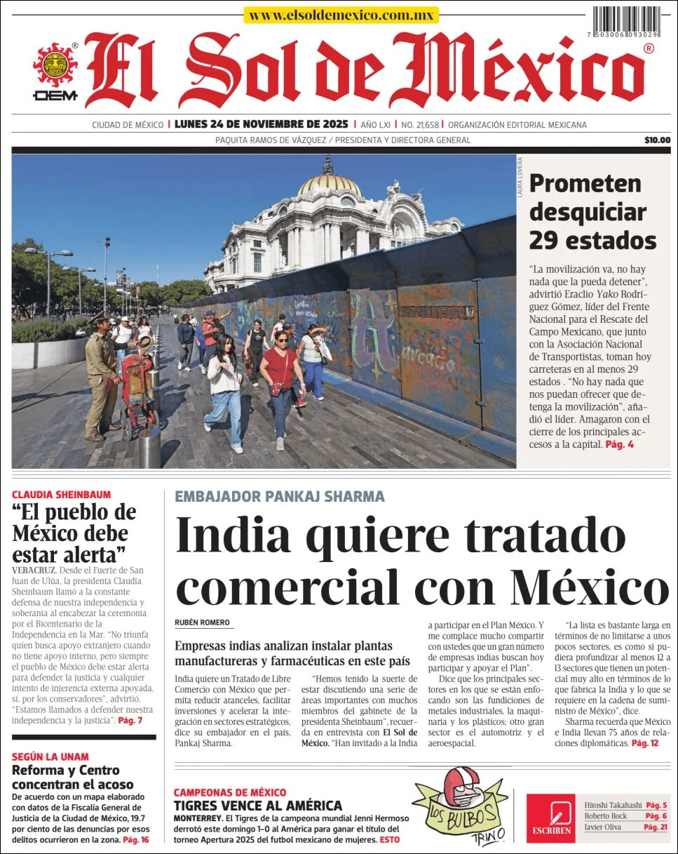 Portada de El Sol de Mexico del lunes, 24 de noviembre de 2025