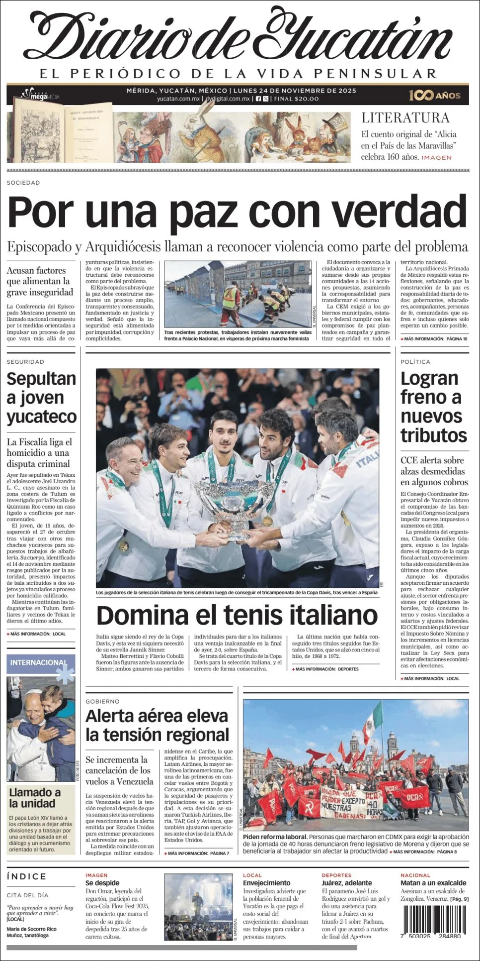 Portada de Diario de Yucatán del lunes, 24 de noviembre de 2025